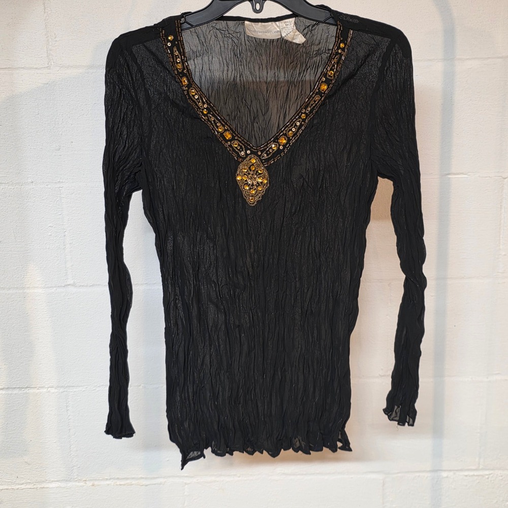 Y2K Worthington Black Crinkle Bead Small Top V-Neck Whimsigoth Fairy Grunge
